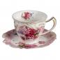 Preview: Teetasse mit Henkel und Unterteller Victorian Stil Rosa Rosen Gold bemalt