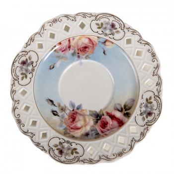 Tea cup with handle and saucer baroque style light blue pink gold