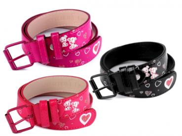 Girls belt pink black length 75 and 85 cm shiny puppy heart pattern