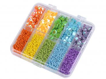 Set of seed beads and sequins multicolor in a plastic box