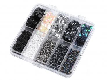Set of seed beads and sequins black gray white in a plastic box