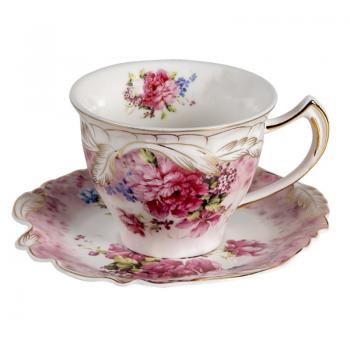 Teetasse mit Henkel und Unterteller Victorian Stil Rosa Rosen Gold bemalt