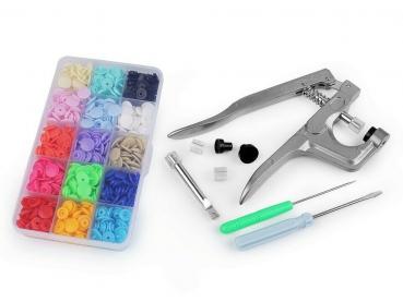 Set of 15 colors each with 10 SNAPS pliers and hand press; Snap pliers and 150 snap fasteners 12mm