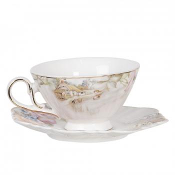 Tea cup with handle and saucer Victorian style Rosen Village Golden Rim