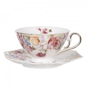 Teetasse mit Henkel und Unterteller Victorian Stil Rosen Village Goldener Rand