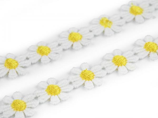 Etched lace flowers white yellow width 15 mm decorative ribbon