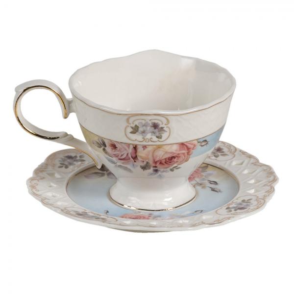 Tea cup with handle and saucer baroque style light blue pink gold