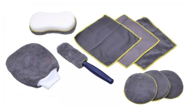 Microfibre cleaning set 9 pieces, sponge, rim brush, polishing pads