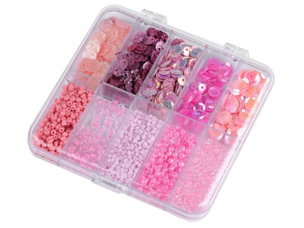 Set of seed beads and sequins pink shades in a plastic box