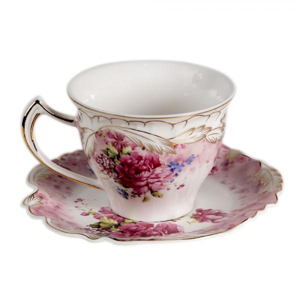 Teetasse mit Henkel und Unterteller Victorian Stil Rosa Rosen Gold bemalt