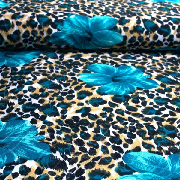 Viscose jersey  turquoise leopard and floral pattern