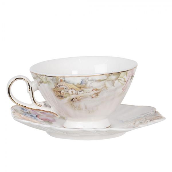 Tea cup with handle and saucer Victorian style Rosen Village Golden Rim
